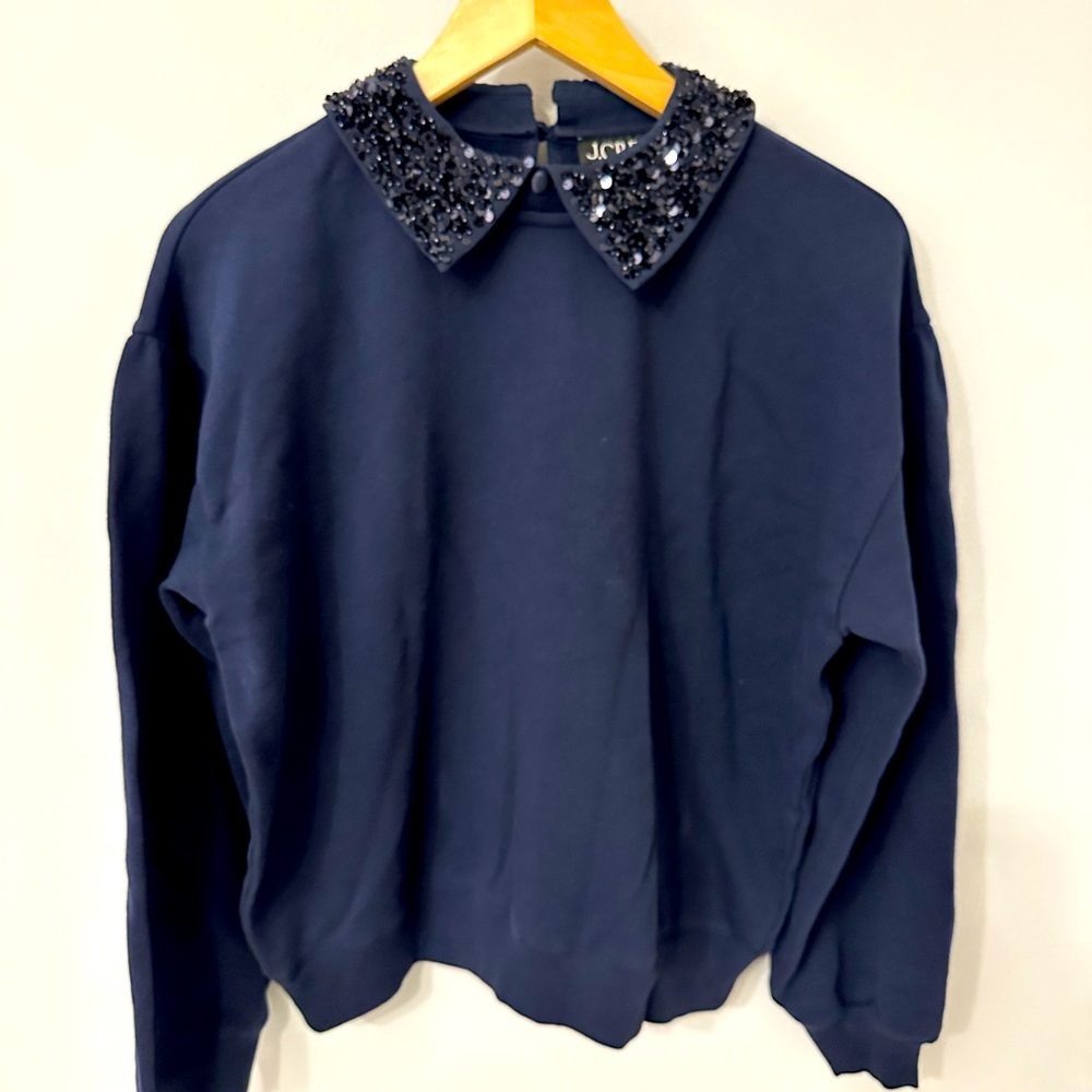 NWT J Crew sequin collar navy blue sweatshirt. Small.